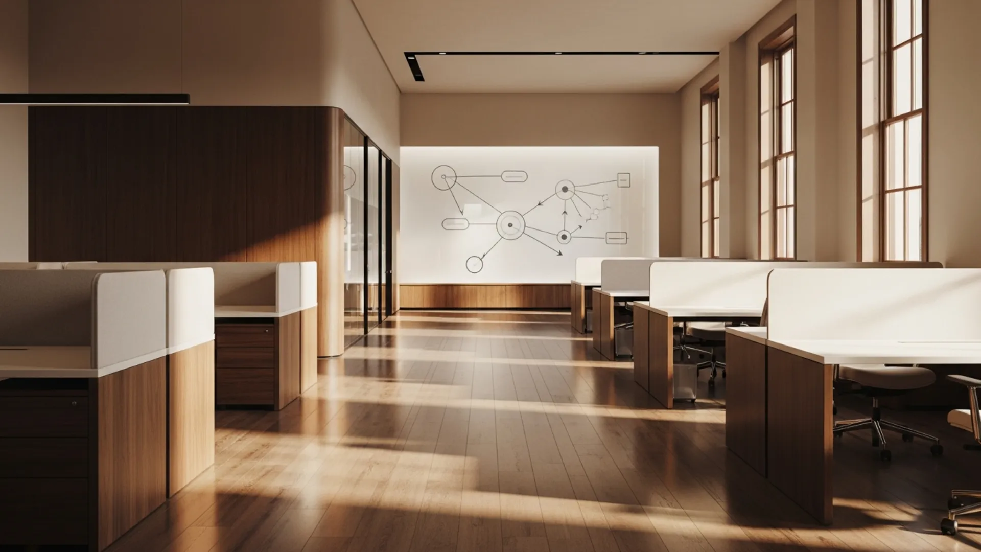 Open-plan professional services workspace with hardwood floors and a whiteboard showing abstract strategy diagrams