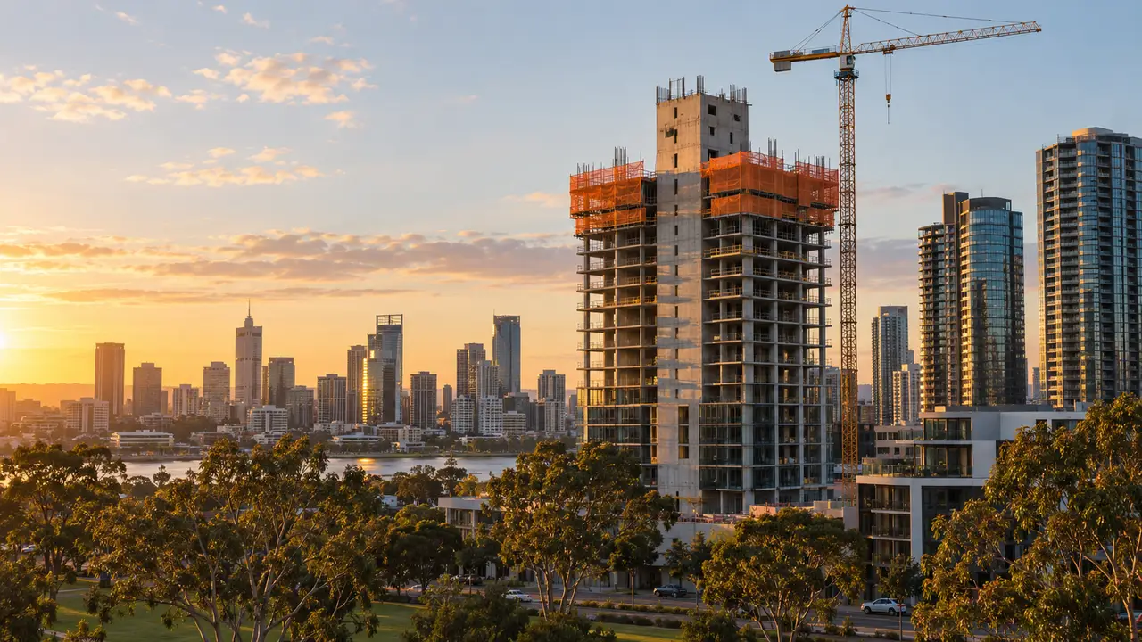 A residential tower under construction at golden hour