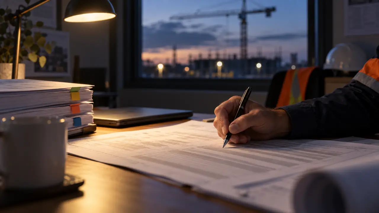 An estimator marking up a bill of quantities in a site office