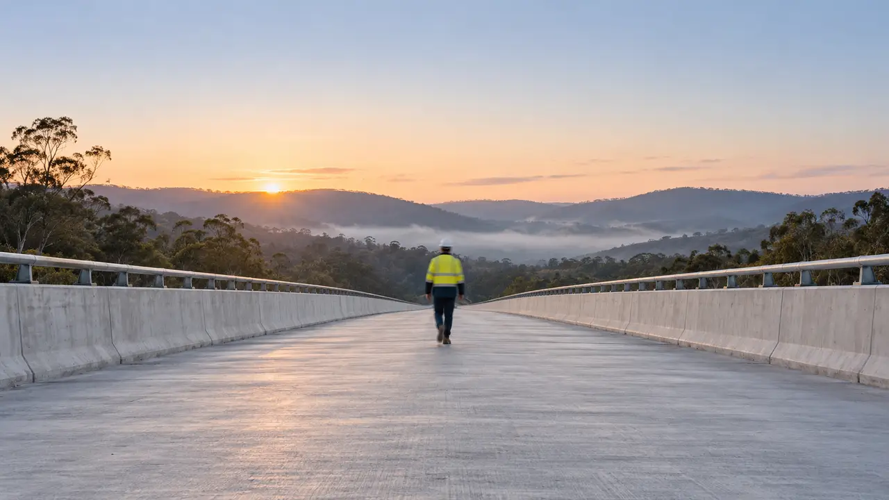 An engineer walking across a new bridge deck at dawn