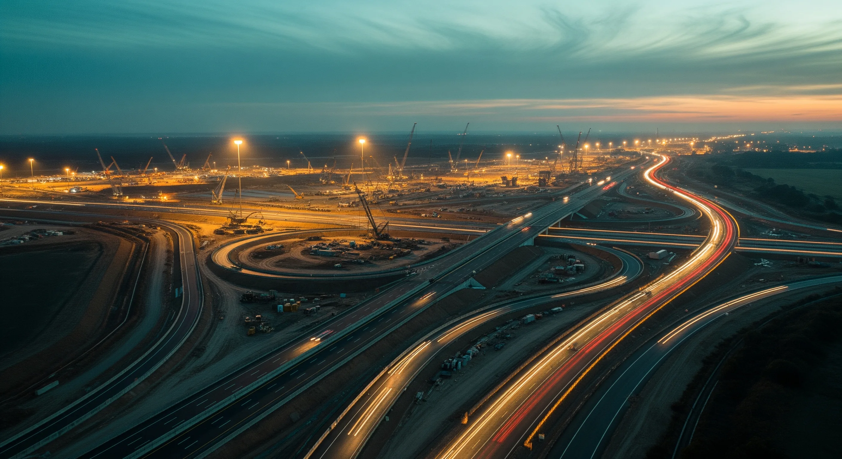 Aerial view of motorway interchange under construction at dawn