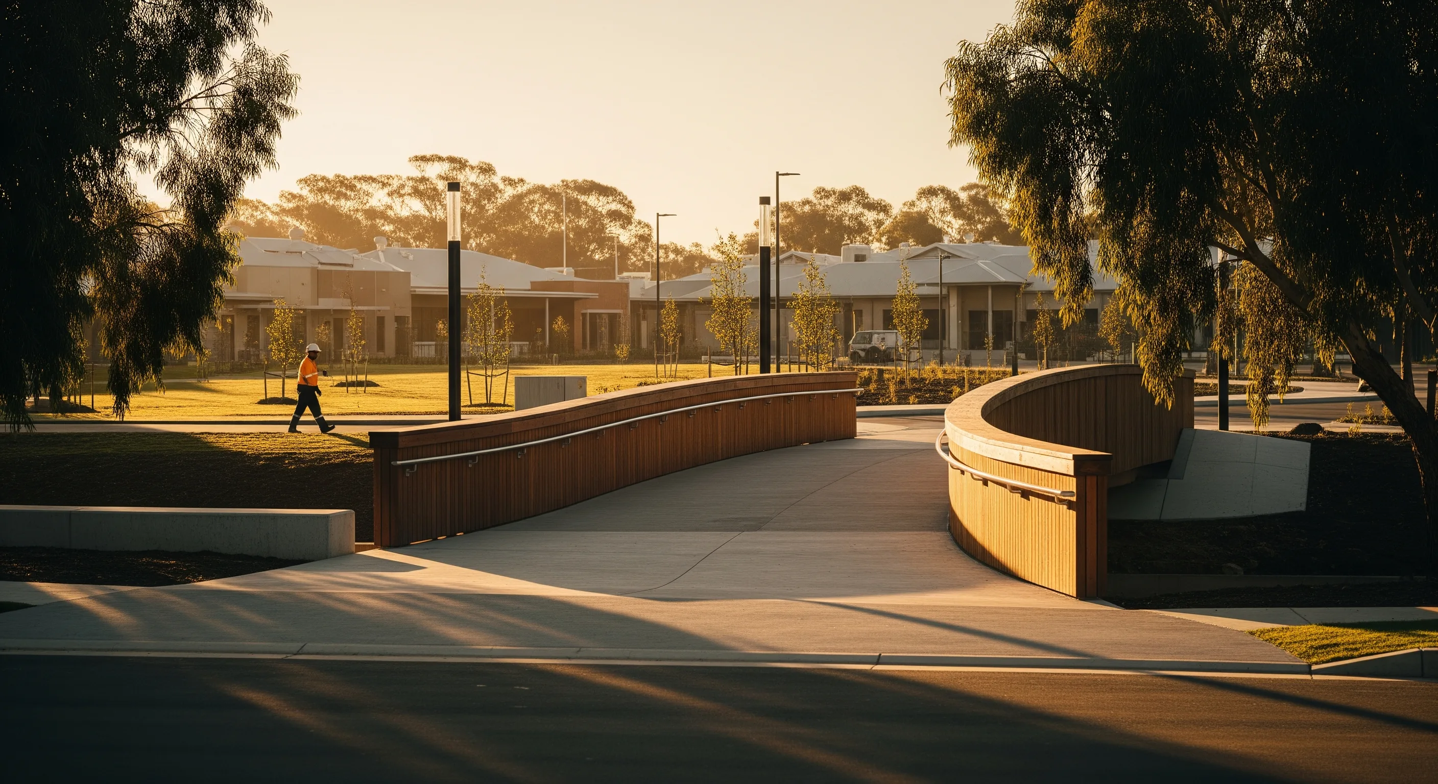 Newly completed civic plaza at golden hour
