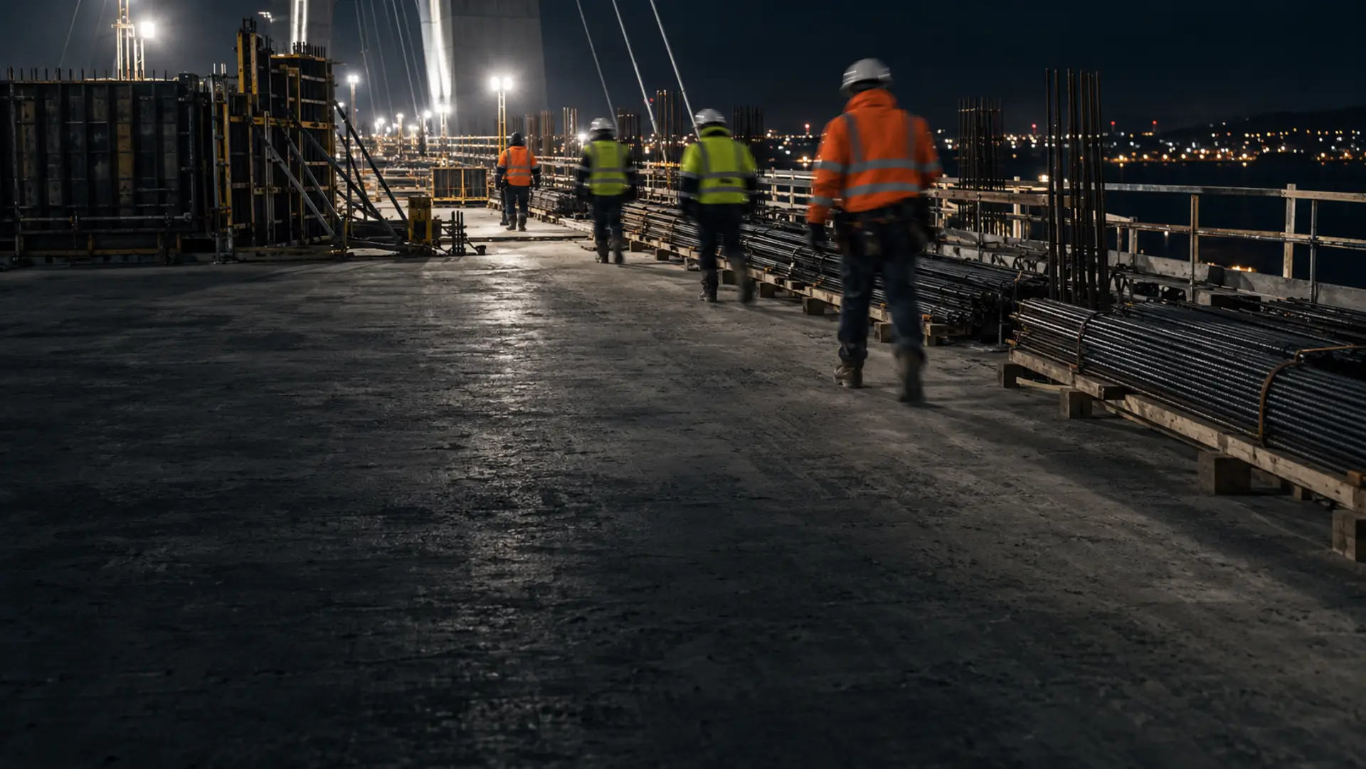 A crew walking along a bridge deck at night under tower lights