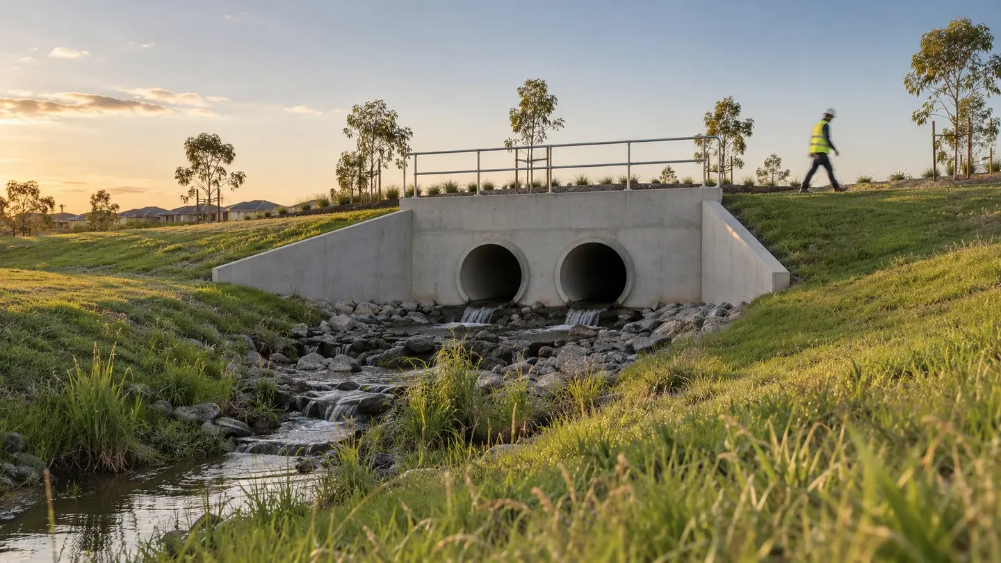 A new stormwater headwall with twin outlets, an engineer walking on the bank