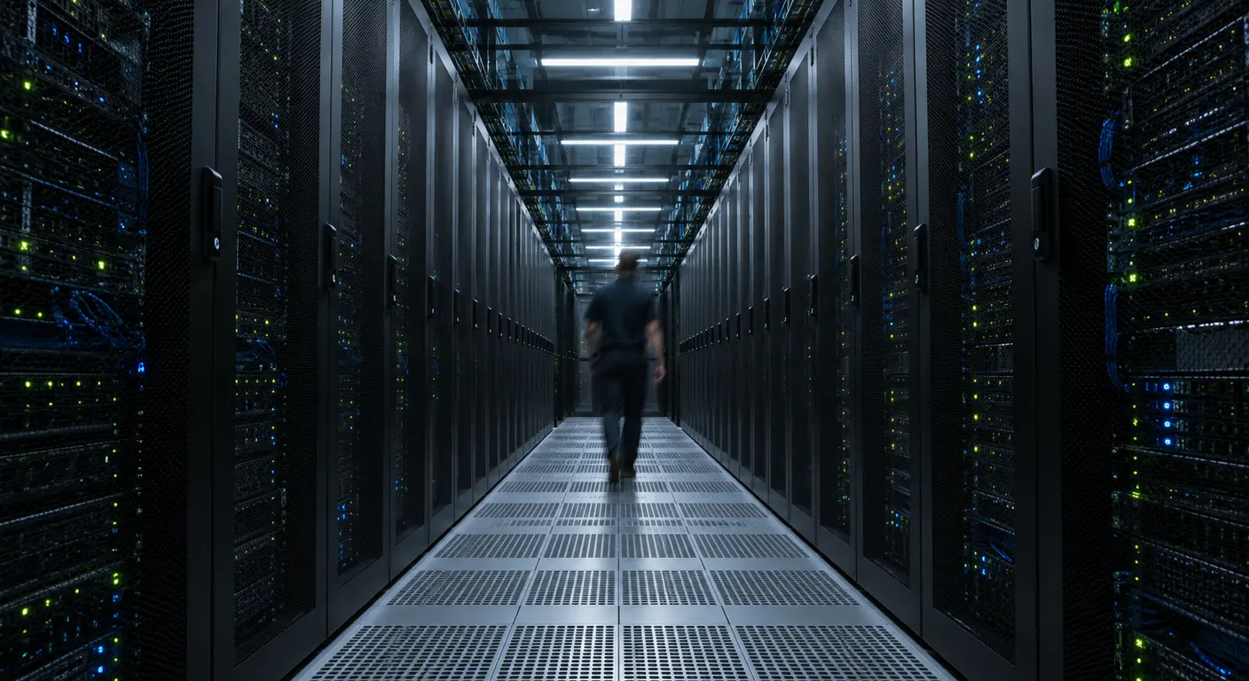 A technician walking down a data centre cold aisle