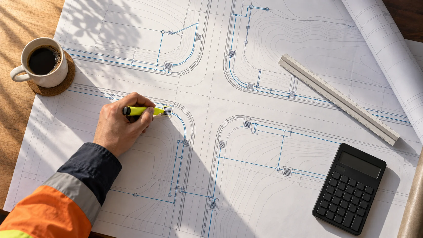 An estimator highlighting a stormwater pit on a civil drawing beside a calculator