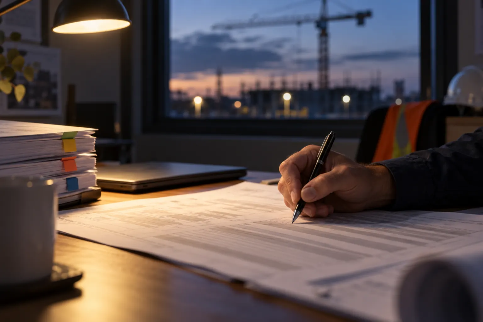 An estimator marking up a bill of quantities in a site office