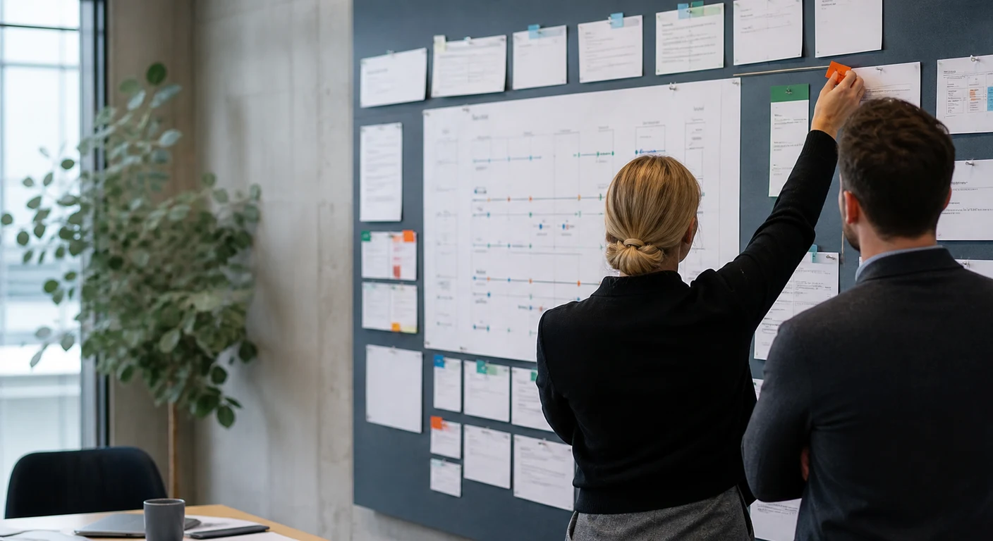 Bid team reviewing a government tender evidence wall in a modern meeting room