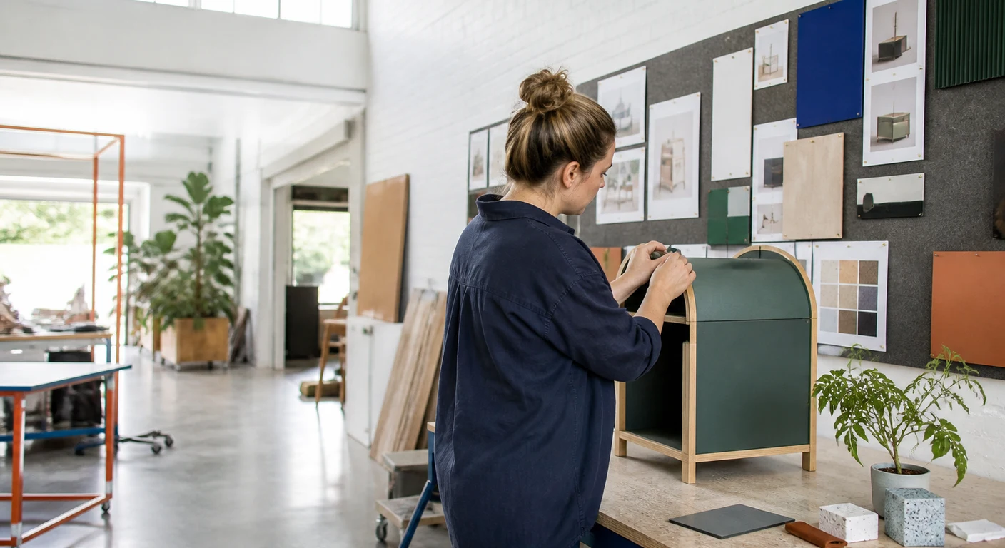 Small business owner reviewing a product prototype and materials board in a studio