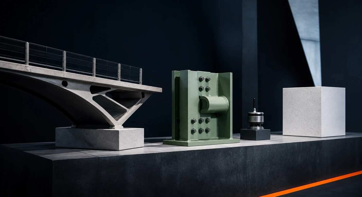 Bridge segment, structural joint and sensor component on a dark gallery plinth