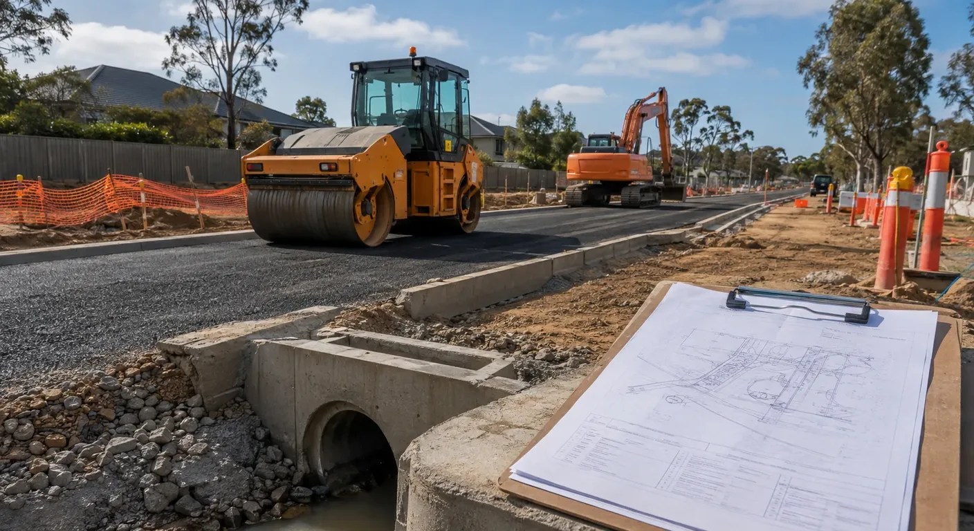 Civil roadworks machinery and pavement rehabilitation site alongside engineering specifications clipboard