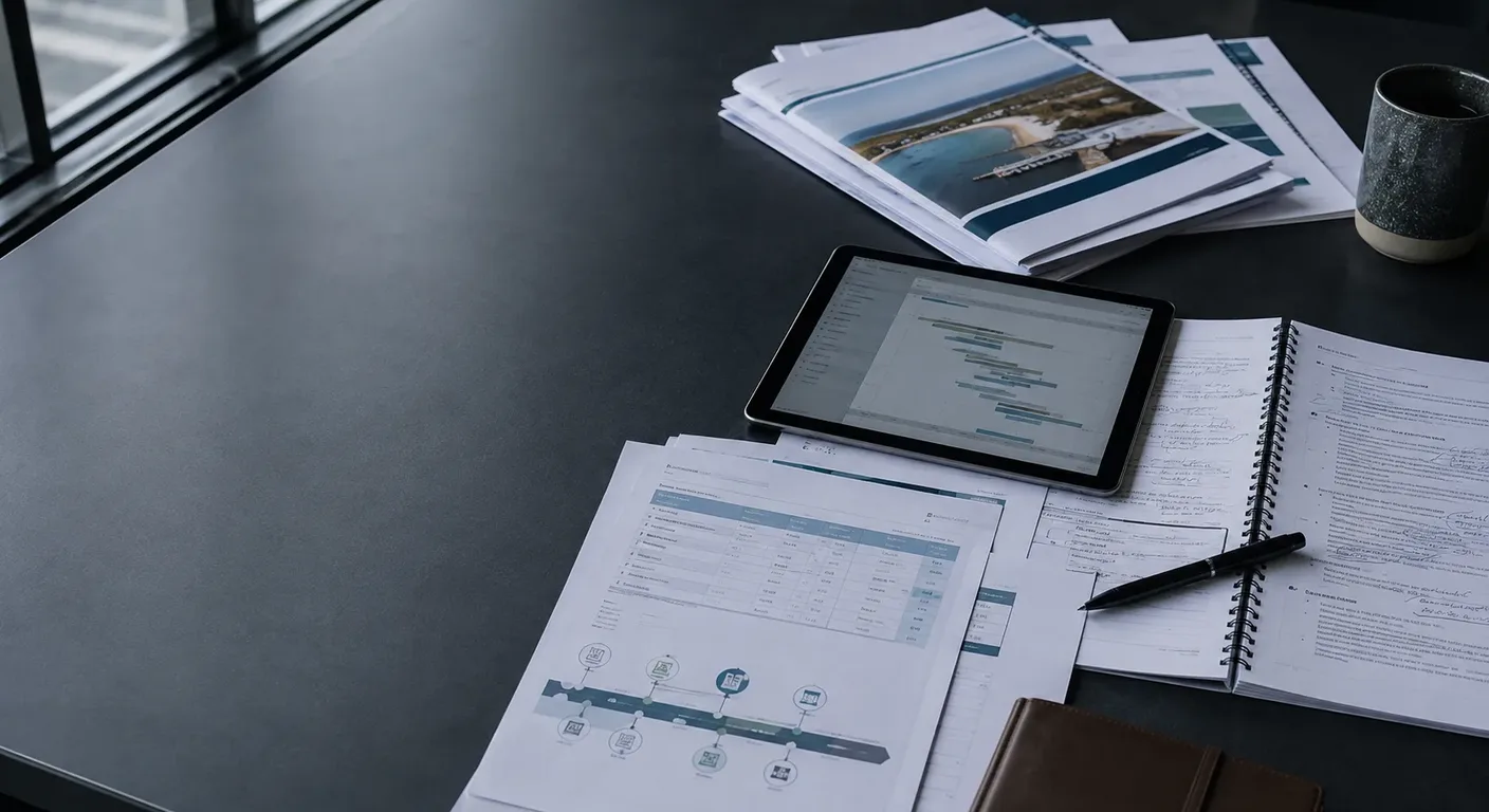 Printed council capital works budget documents and procurement roadmap on an executive desk
