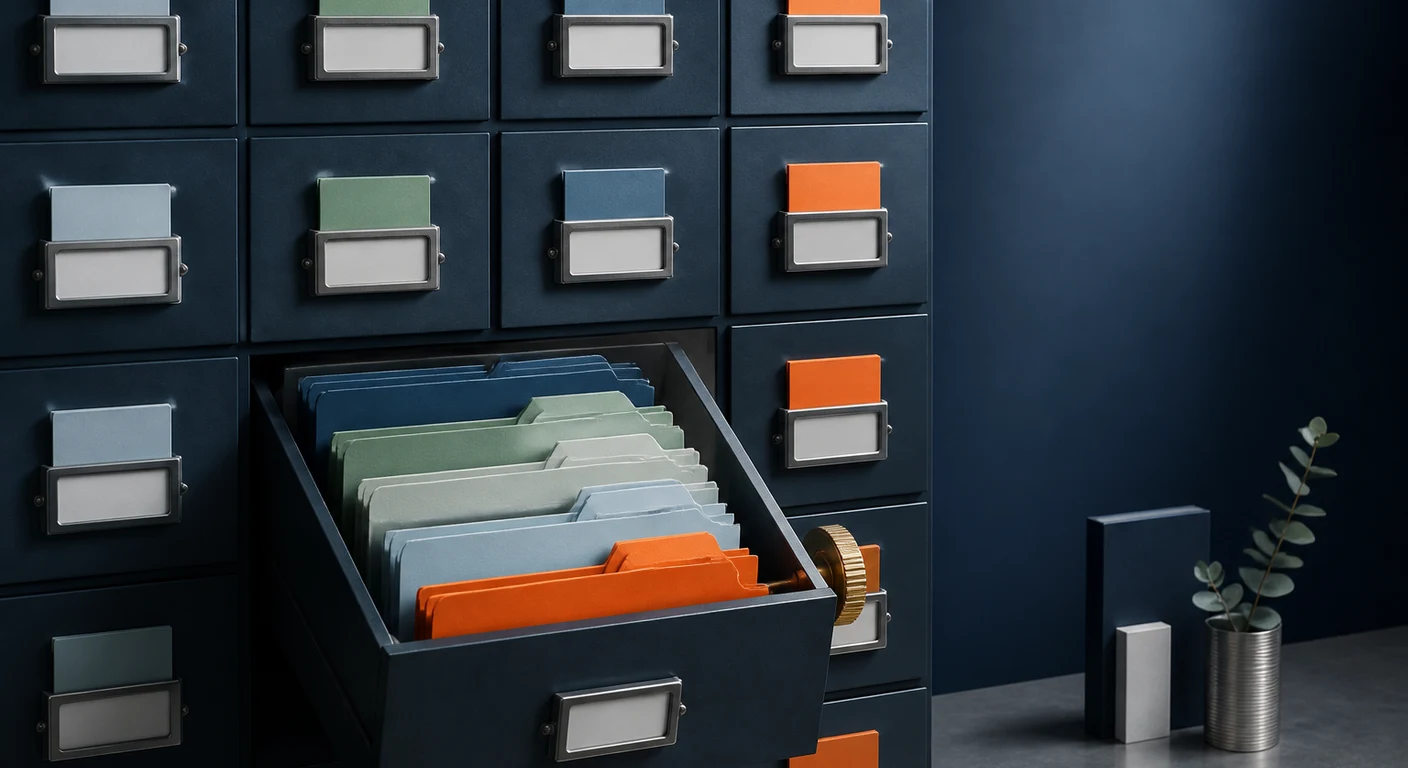 Abstract filing wall with colour-coded tender terms and indexing components