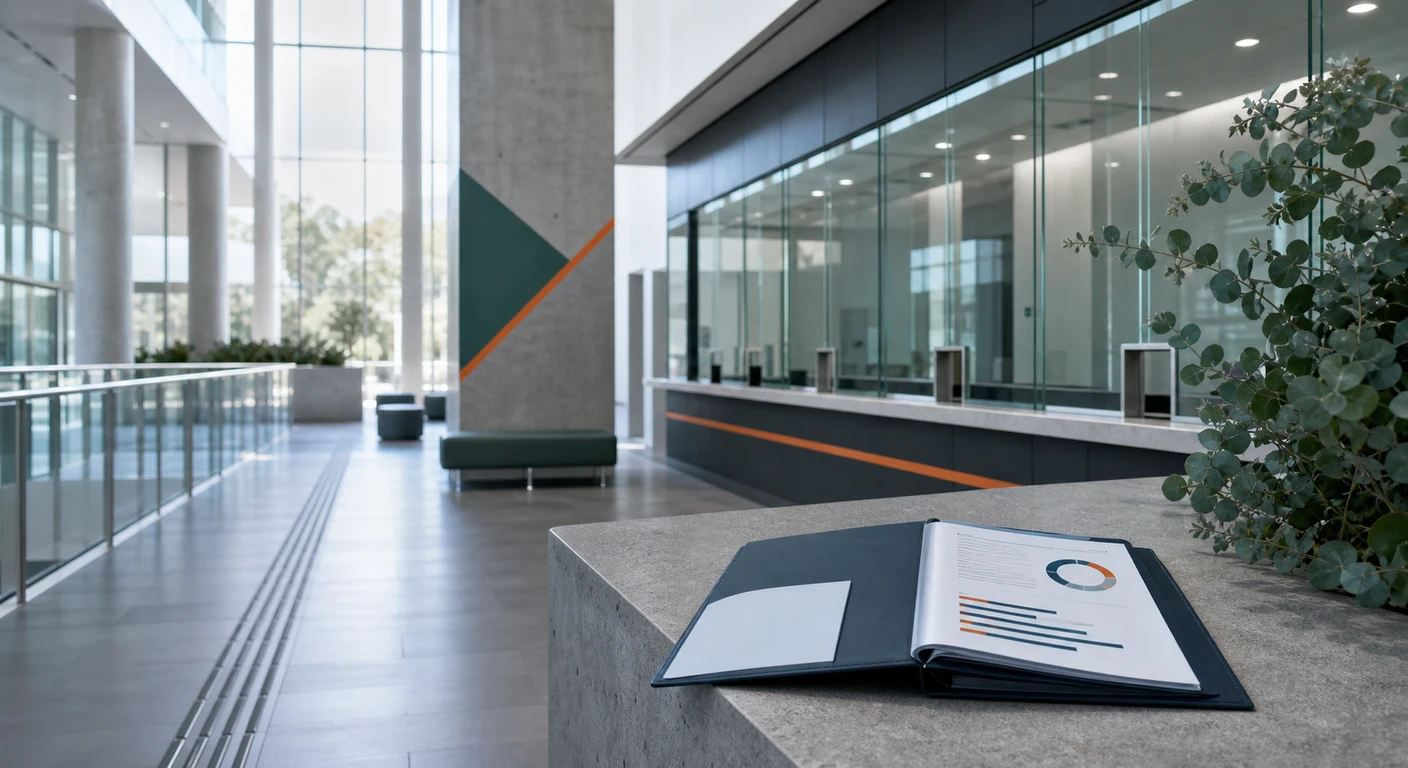 Government building lobby with a tender briefing folder on a concrete table
