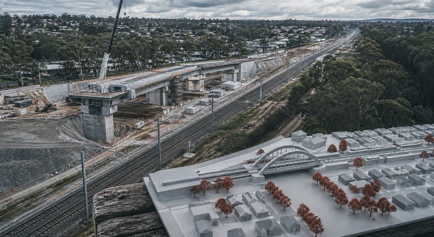 Overcast rail infrastructure construction site beside an architectural project model