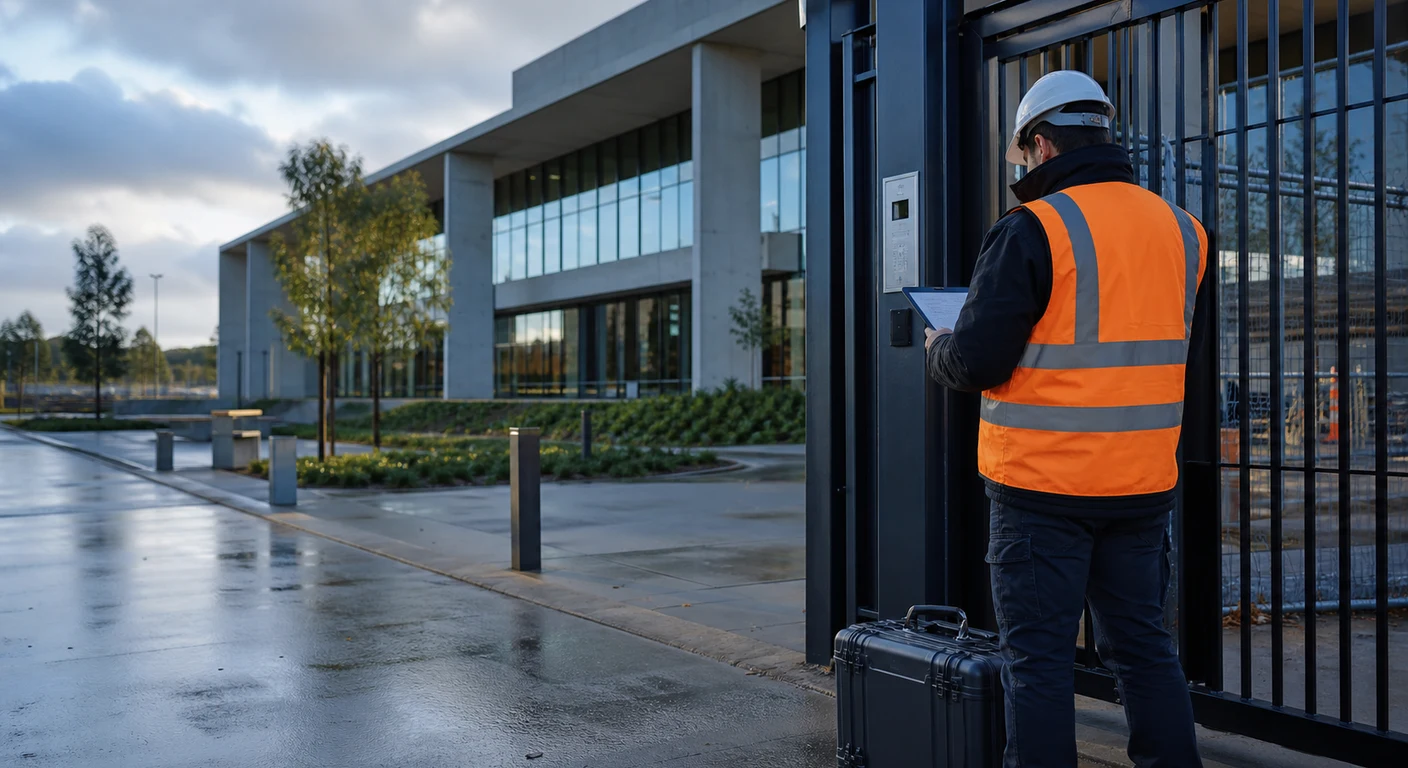 Contractor in high-visibility clothing reviewing plans outside a civic construction site