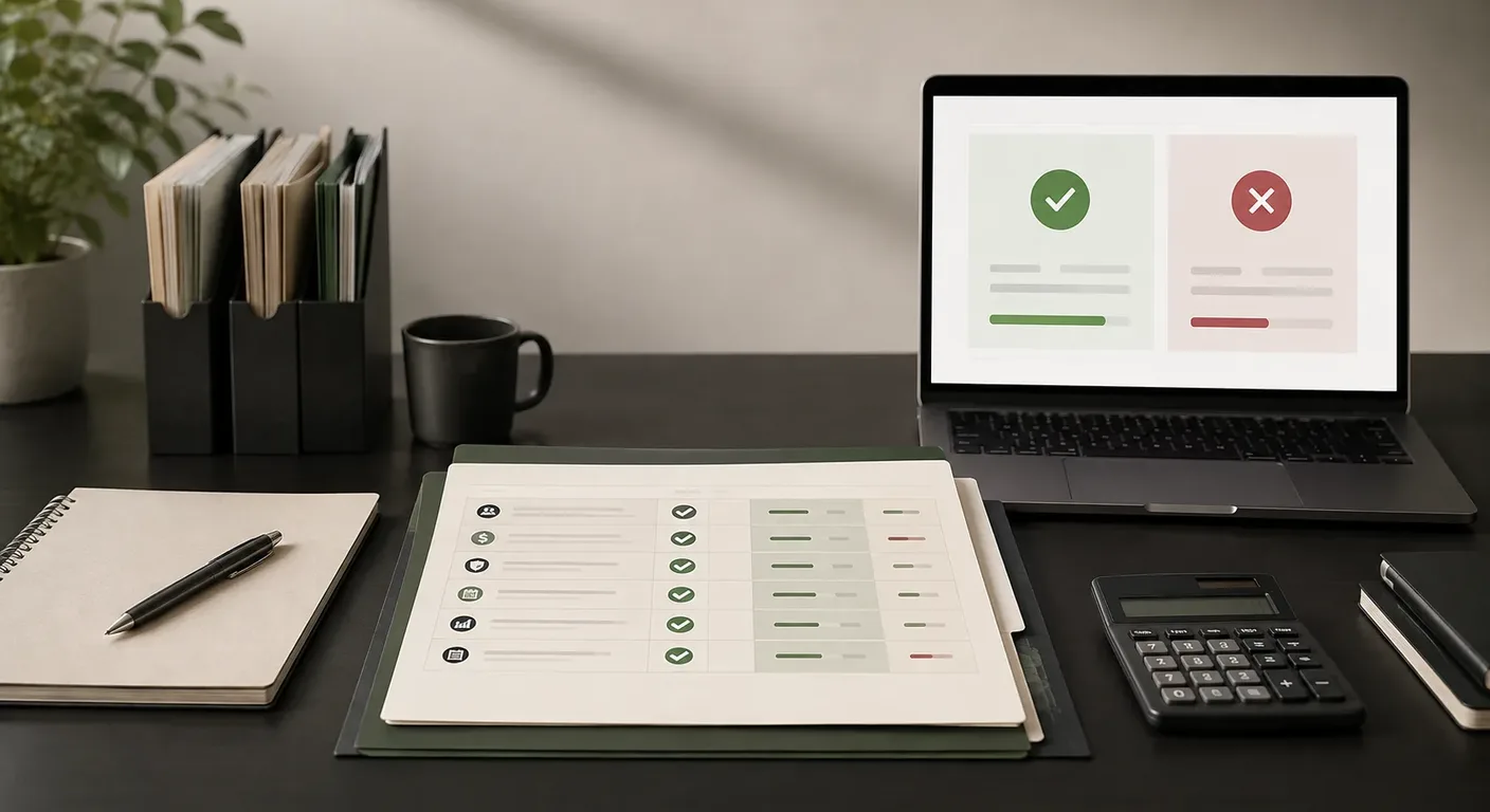 A structured tender feasibility scorecard and project qualification review on a sleek desk