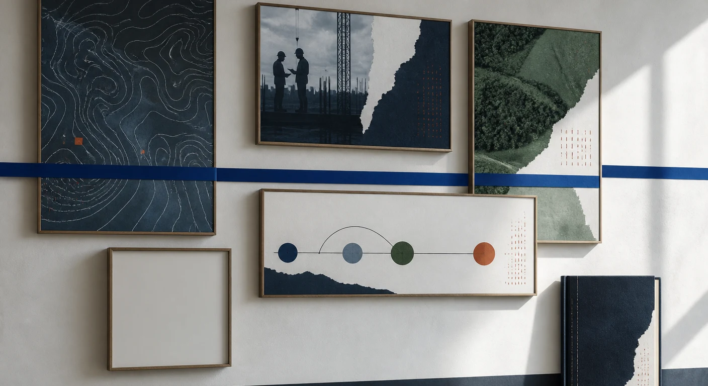 Curated wall of maps, construction forms and procurement workflow diagrams